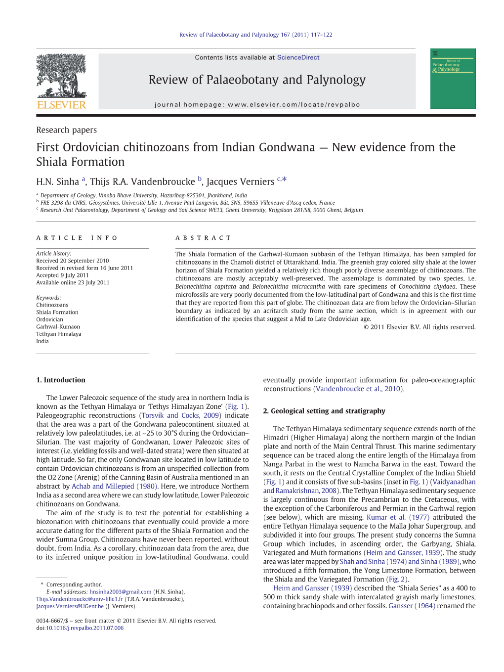 First Ordovician Chitinozoans from Indian Gondwana — New Evidence from the Shiala Formation