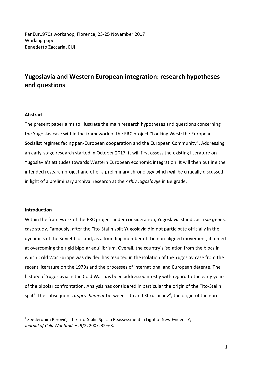Yugoslavia and Western European Integration: Research Hypotheses and Questions