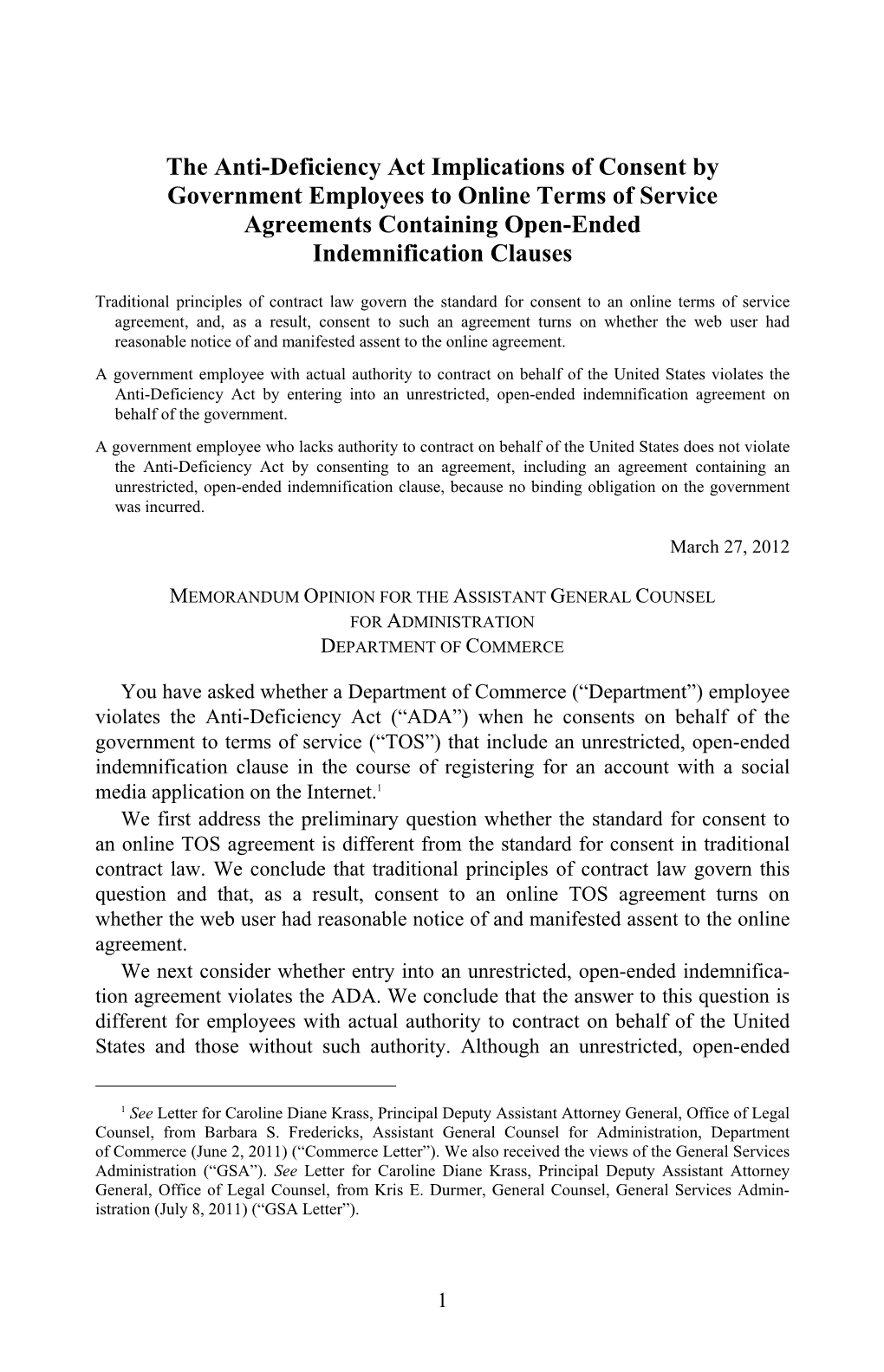 The Anti-Deficiency Act Implications of Consent by Government Employees to Online Terms of Service Agreements Containing Open-Ended Indemnification Clauses