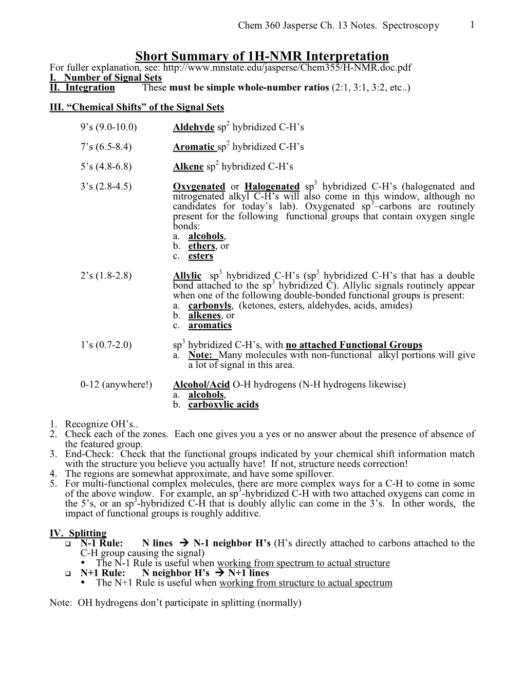 Short Summary of 1H-NMR Interpretation for Fuller Explanation, See: I