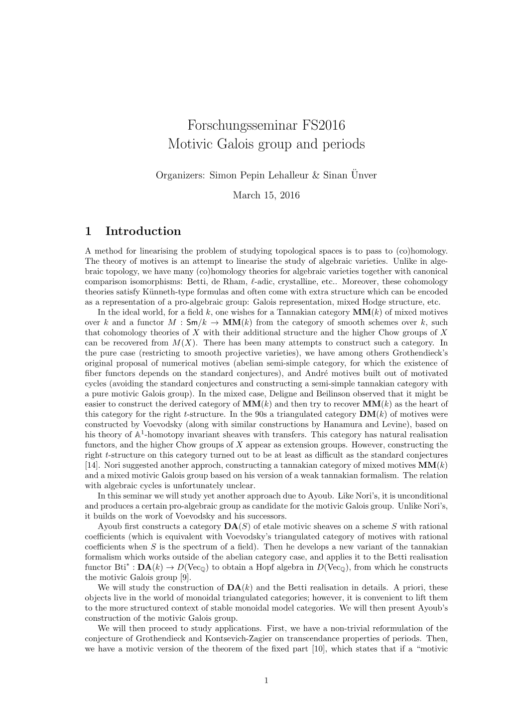 Forschungsseminar FS2016 Motivic Galois Group and Periods