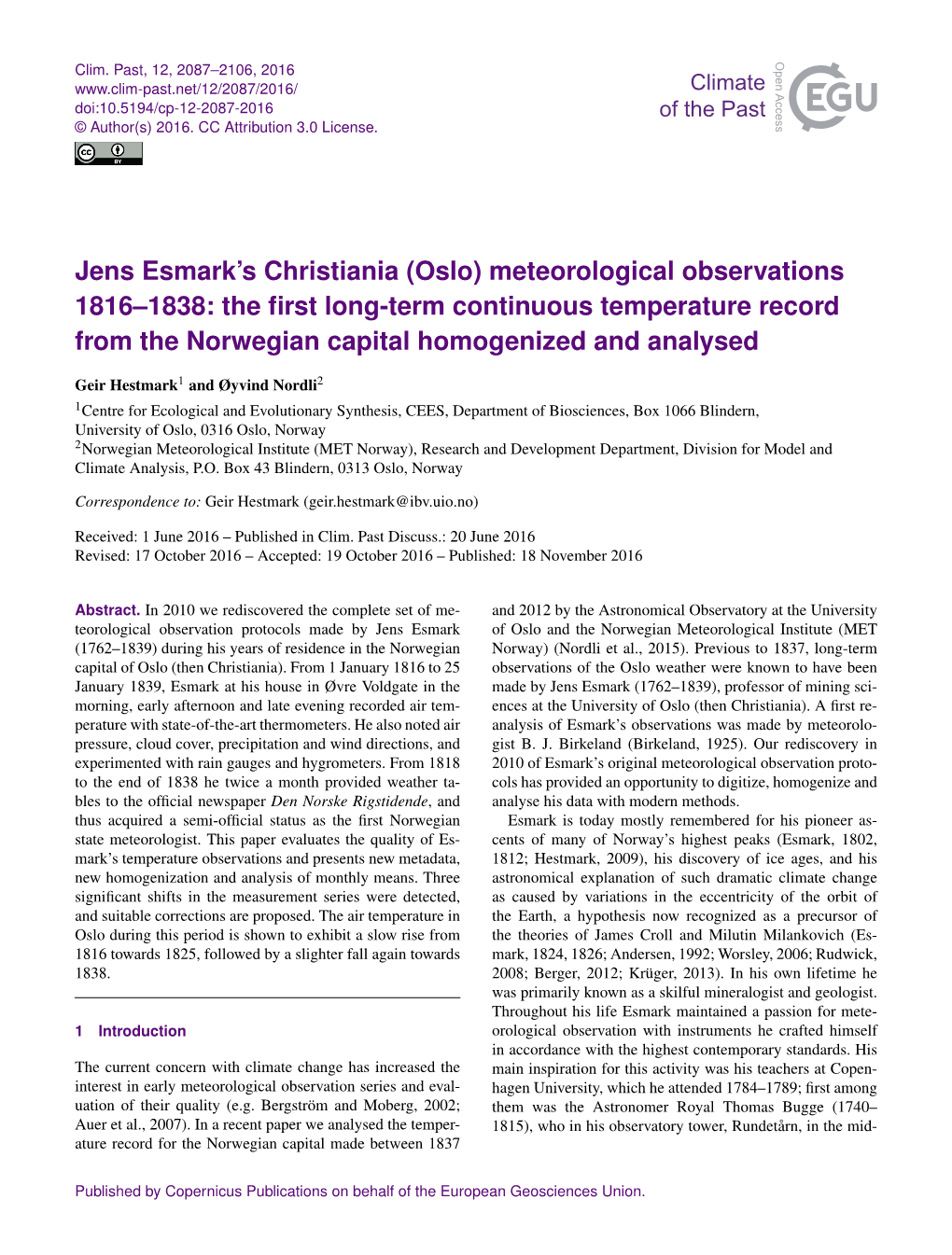 Oslo) Meteorological Observations 1816–1838: the ﬁrst Long-Term Continuous Temperature Record from the Norwegian Capital Homogenized and Analysed