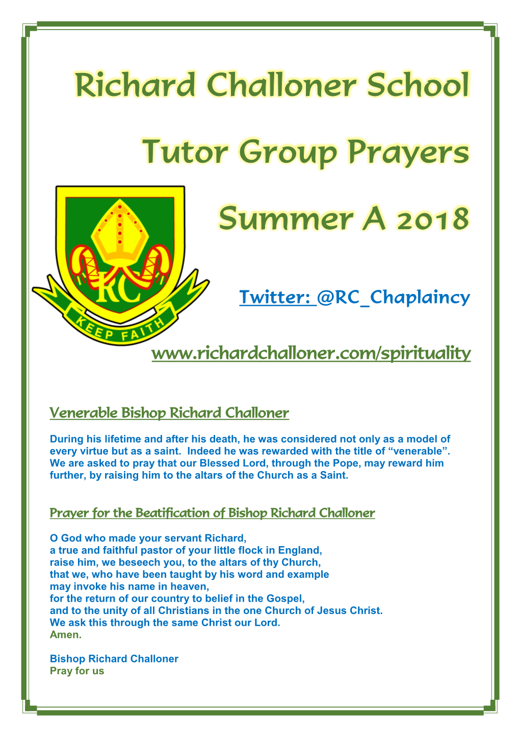 Richard Challoner School Tutor Group Prayers Summer a 2018