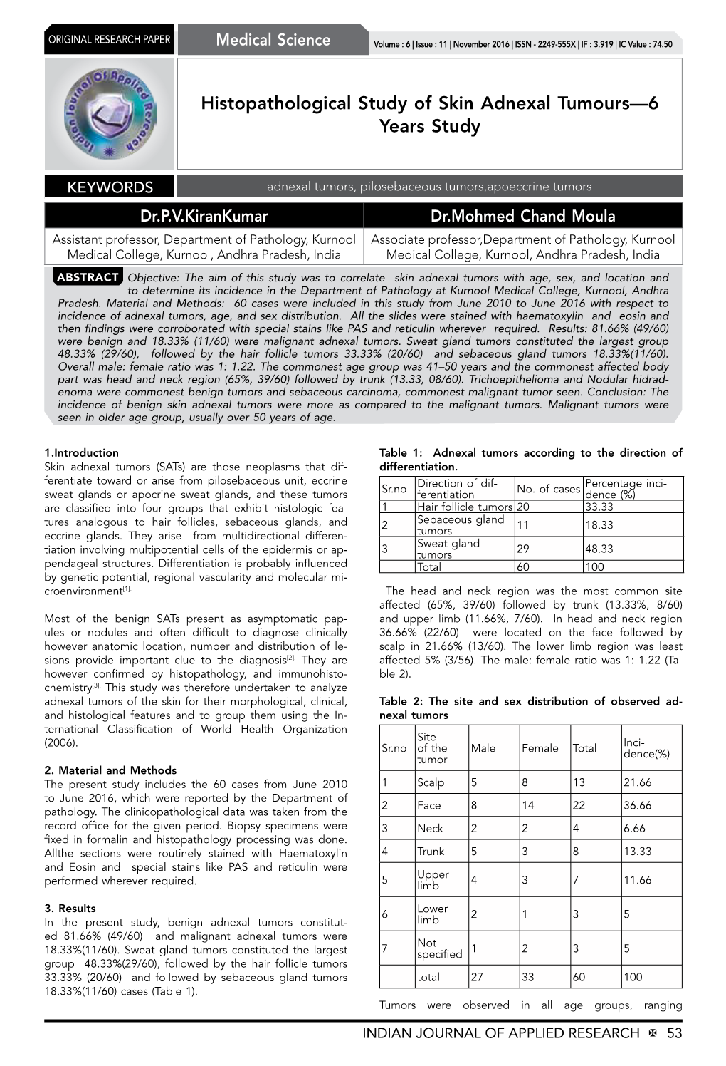 Histopathological Study of Skin Adnexal Tumours—6 Years Study