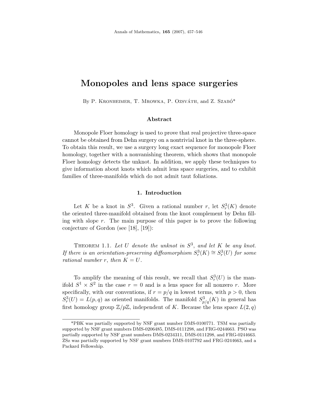 Monopoles and Lens Space Surgeries