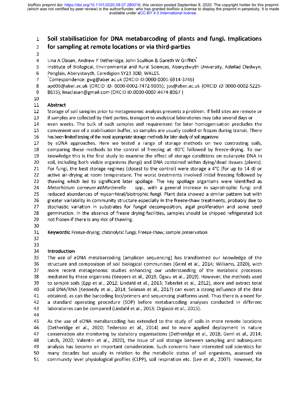 Soil Stabilisatizion for DNA Metabarcoding of Plants and Fungi