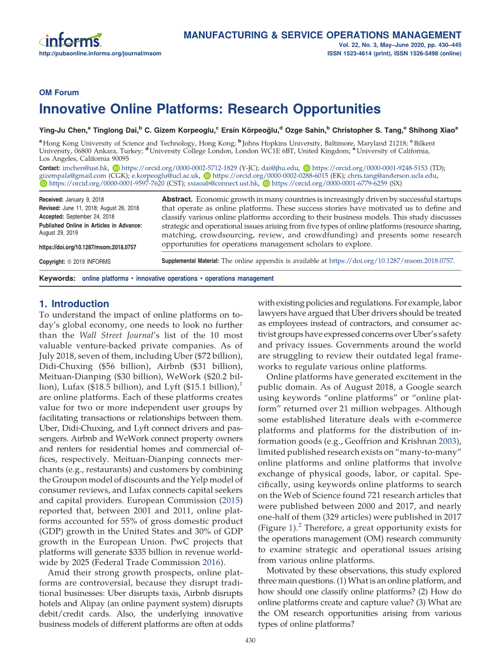 OM Forum—Innovative Online Platforms: Research Opportunities