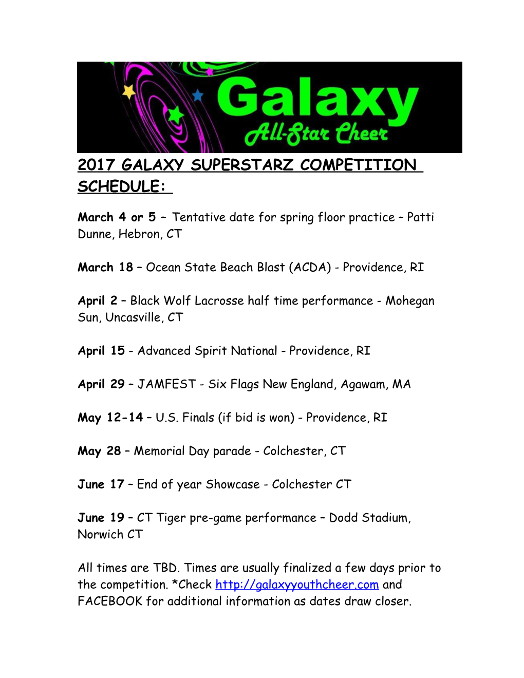 2017 Galaxy Superstarz Competition Schedule