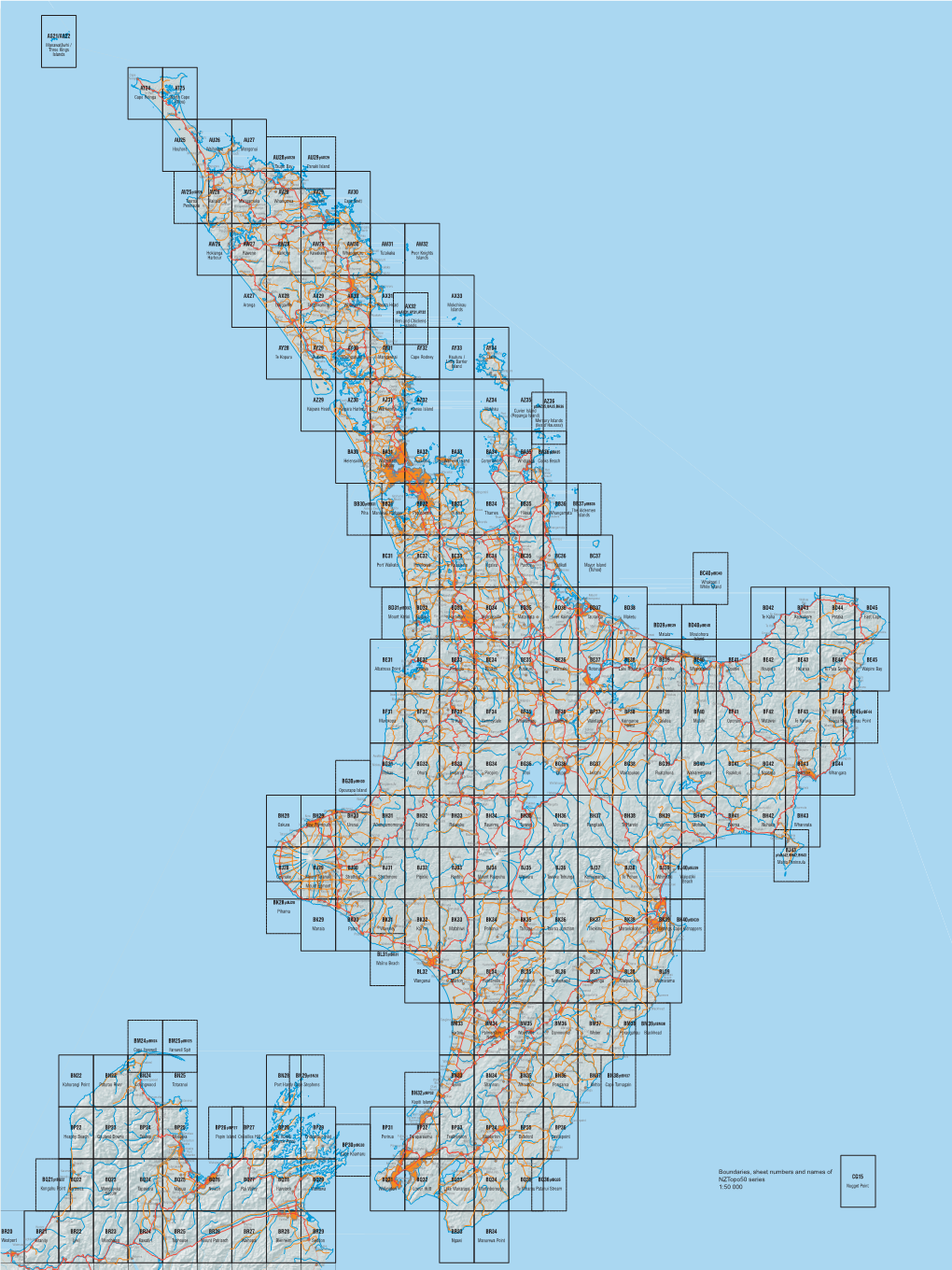 Boundaries, Sheet Numbers and Names of Nztopo50 Series 1:50