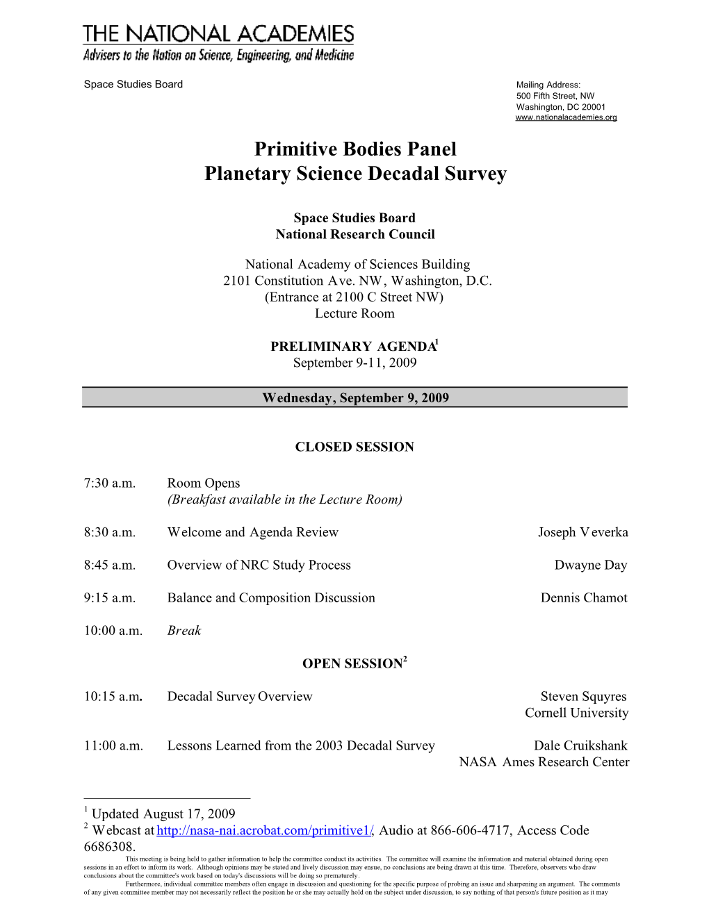 Primitive Bodies Panel Planetary Science Decadal Survey