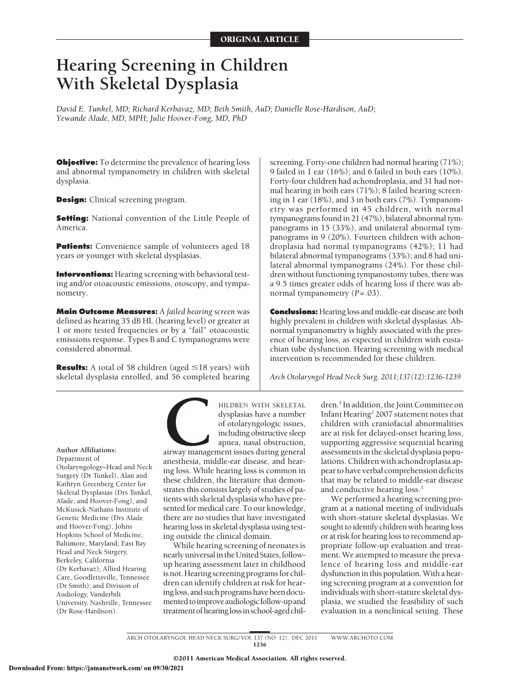 Hearing Screening in Children with Skeletal Dysplasia