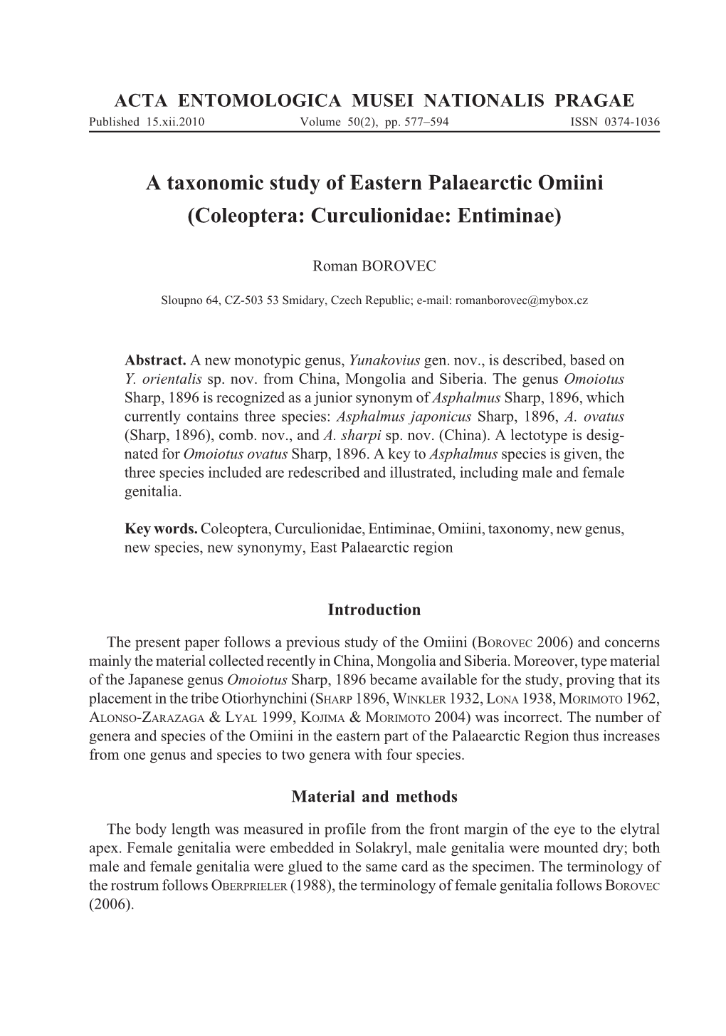 A Taxonomic Study of Eastern Palaearctic Omiini (Coleoptera: Curculionidae: Entiminae)