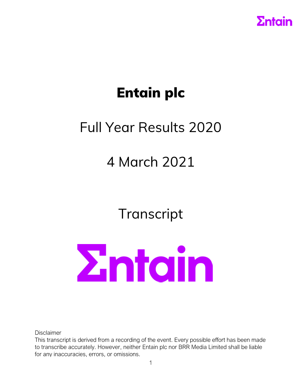 Entain Plc Full Year Results 2020 4 March 2021 Transcript