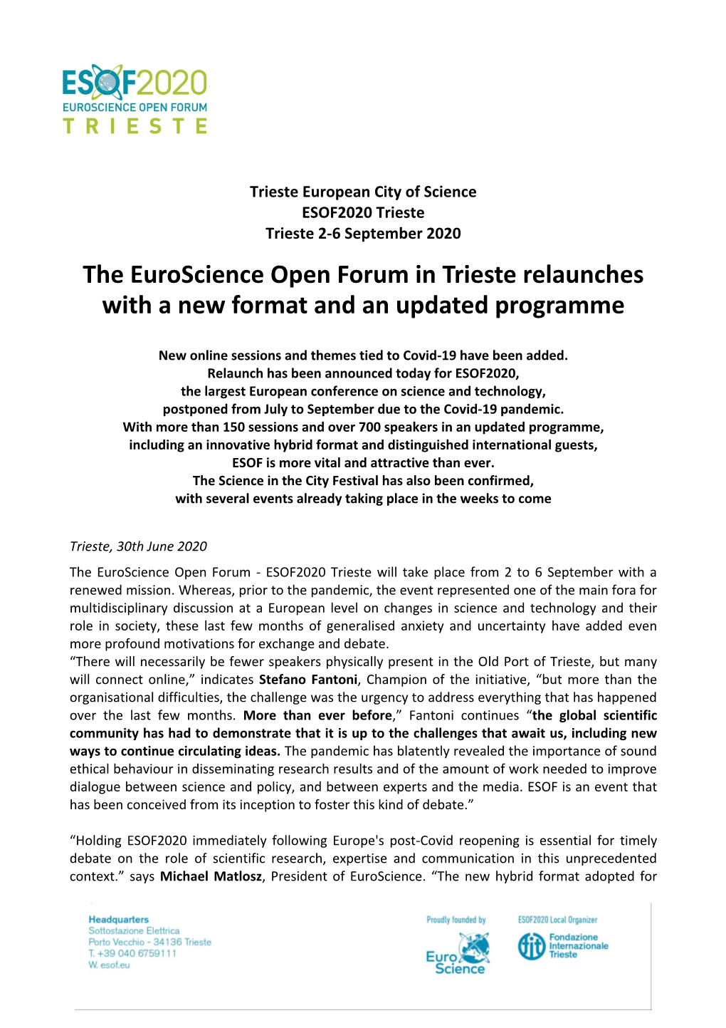 The Euroscience Open Forum in Trieste Relaunches with a New Format and an Updated Programme