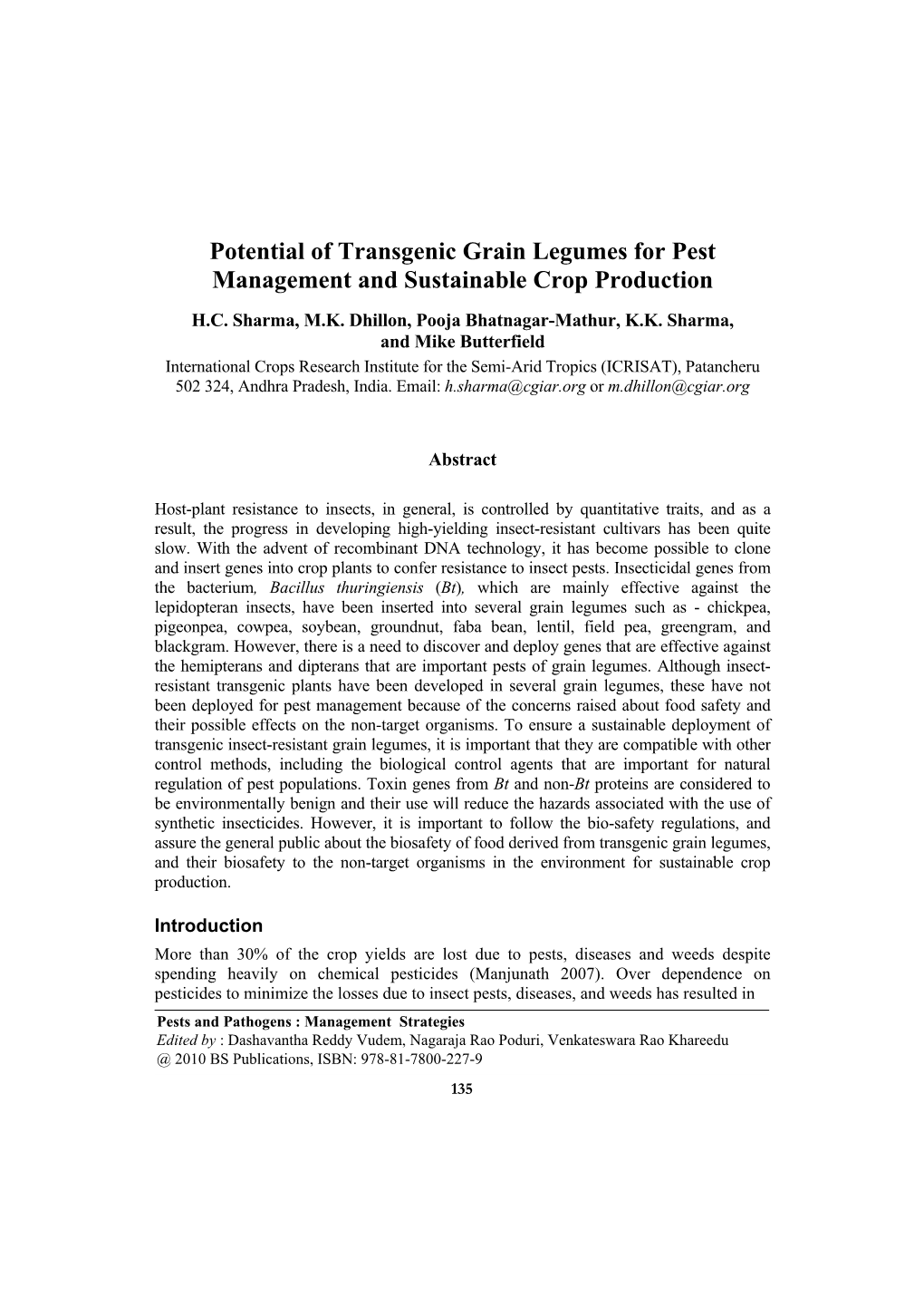 Potential of Transgenic Grain Legumes for Pest Management and Sustainable Crop Production H.C
