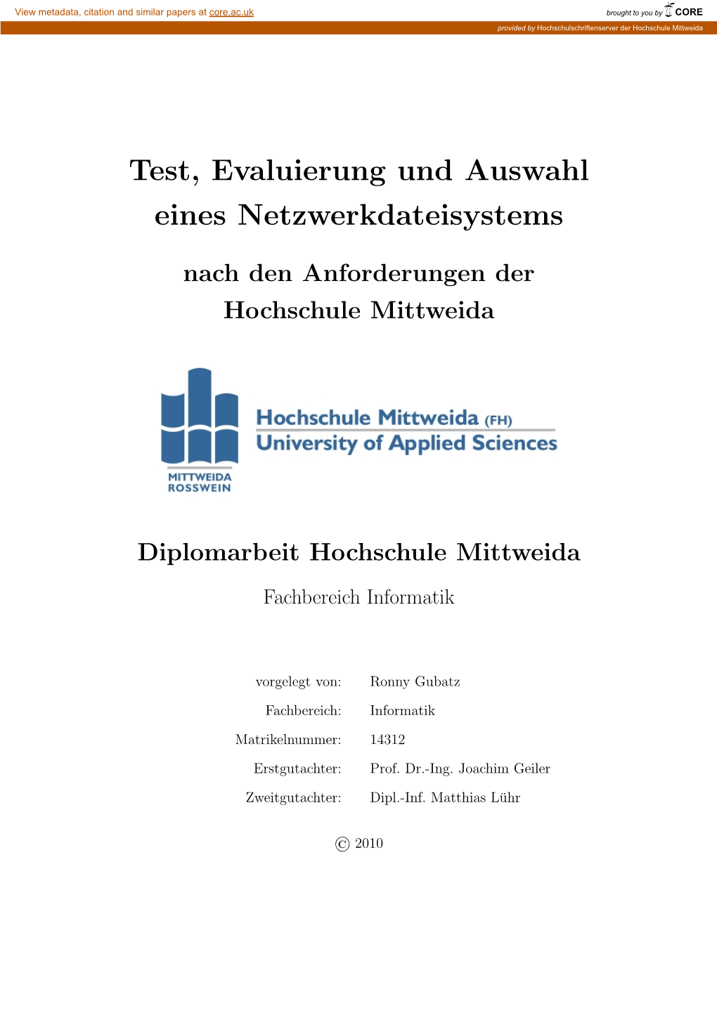 Test, Evaluierung Und Auswahl Eines Netzwerkdateisystems