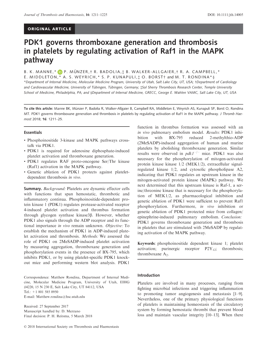 PDK1 Governs Thromboxane Generation and Thrombosis in Platelets by Regulating Activation of Raf1 in the MAPK Pathway