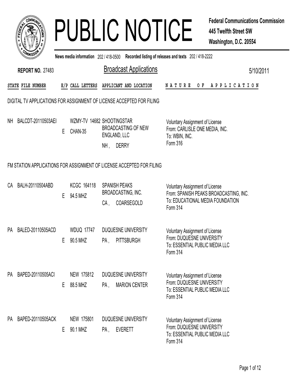 Broadcast Applications 5/10/2011