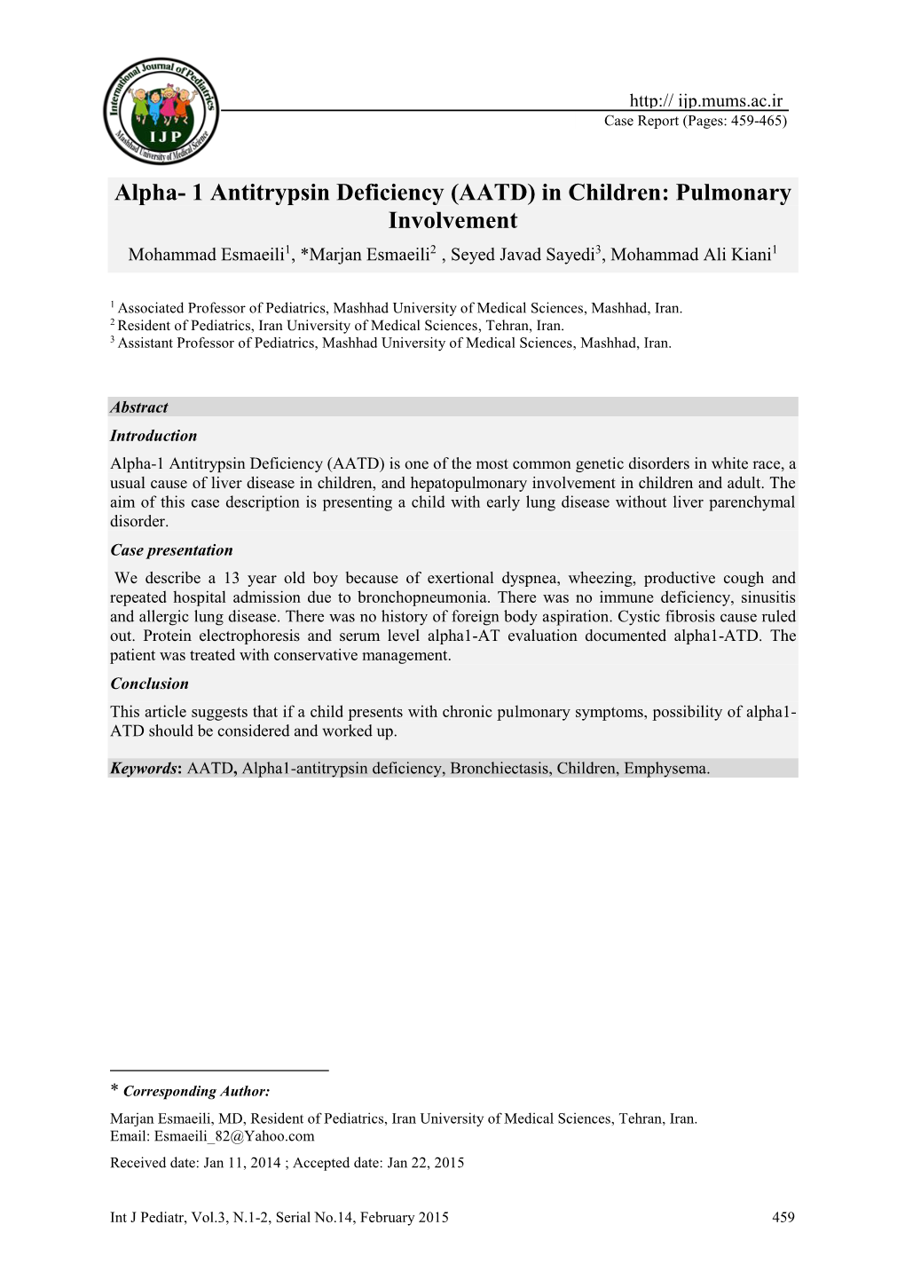 Alpha- 1 Antitrypsin Deficiency (AATD) in Children: Pulmonary Involvement