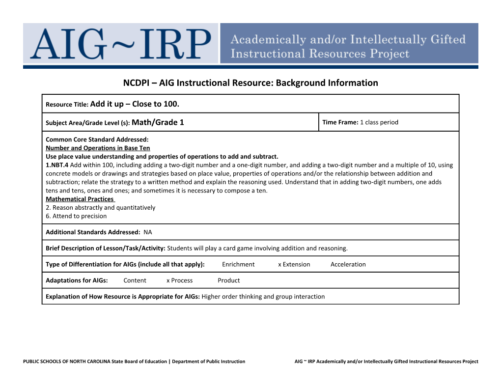 NCDPI AIG Instructional Resource: Background Information s12