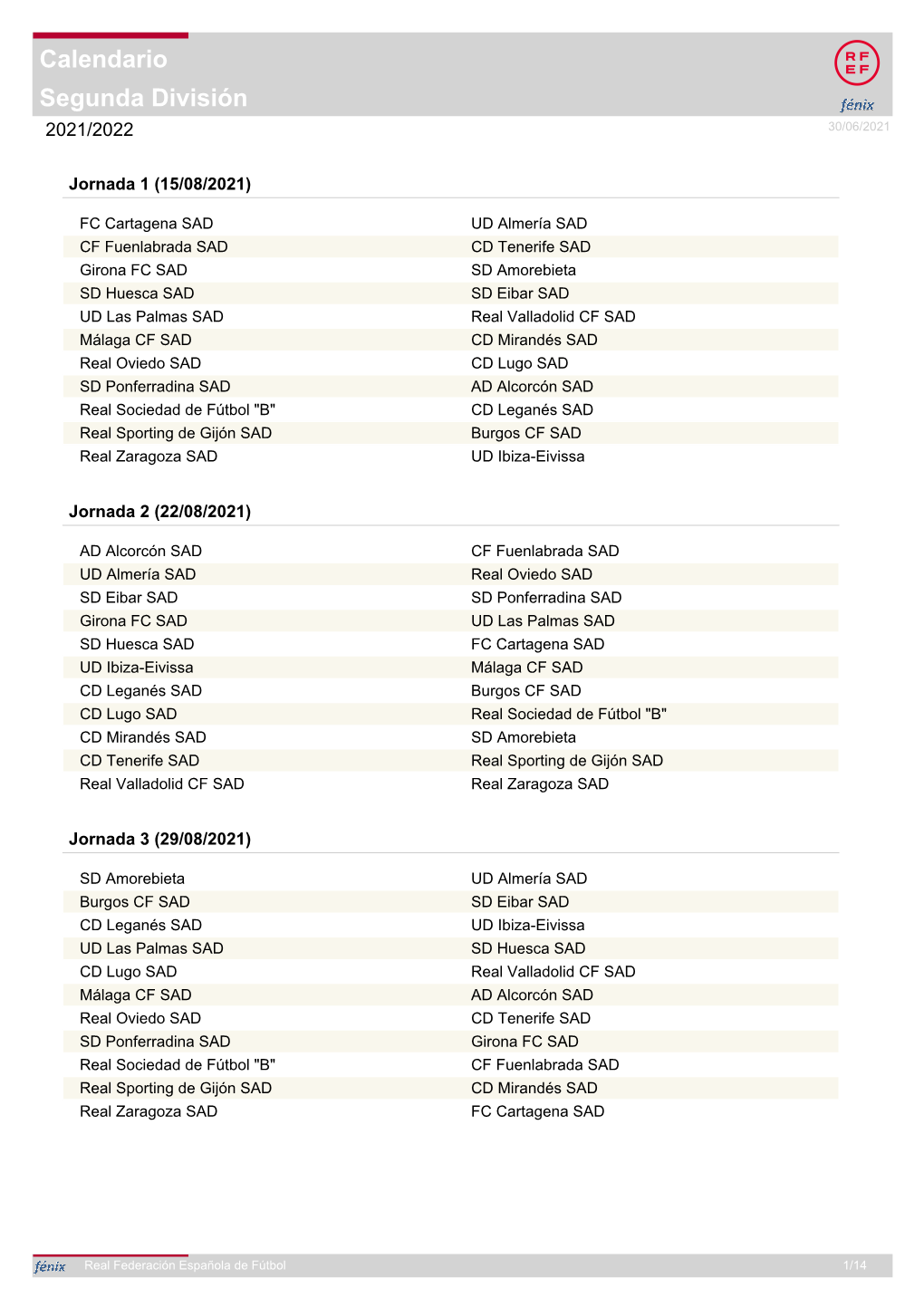 Segunda División Calendario