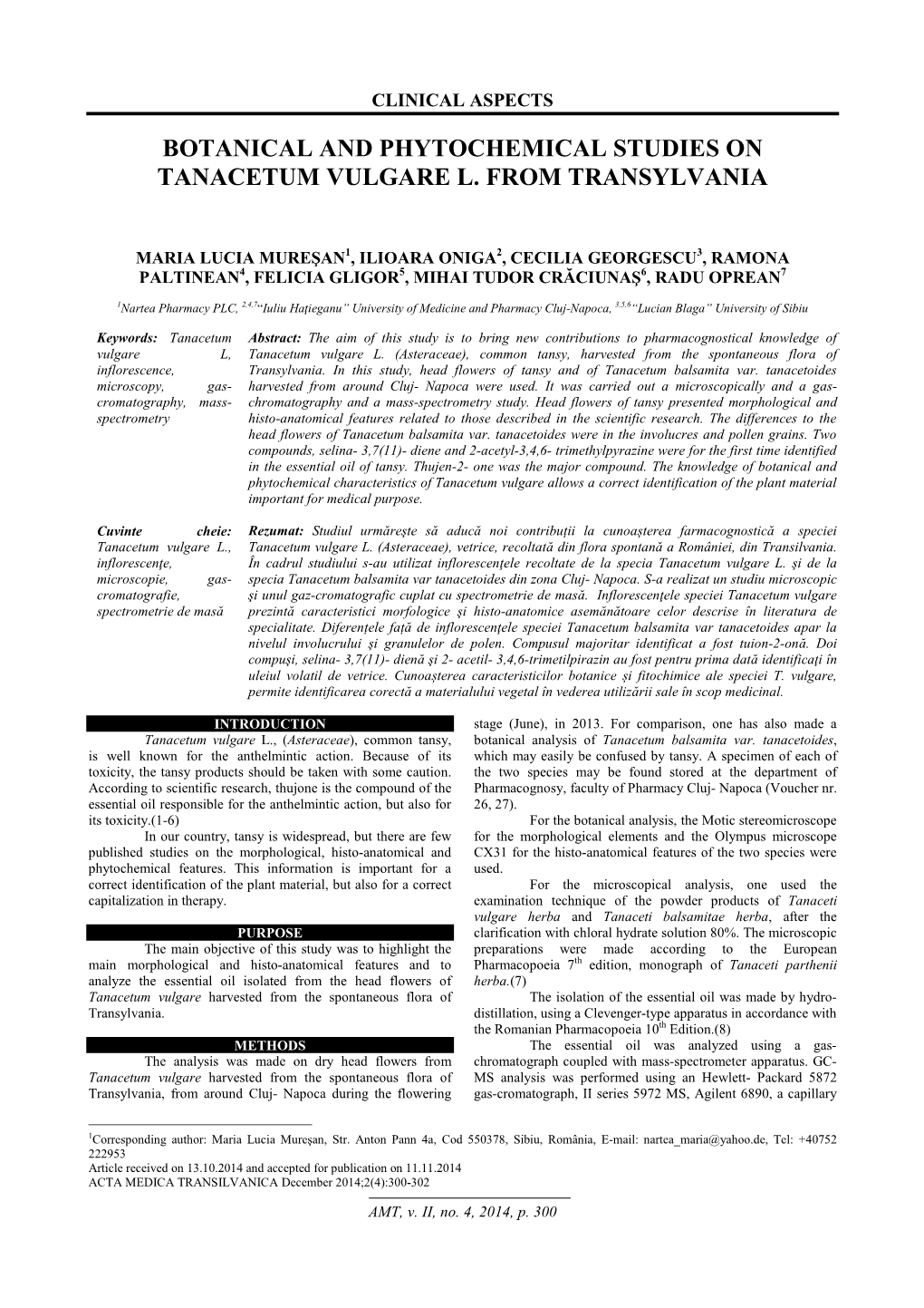 Botanical and Phytochemical Studies on Tanacetum Vulgare L. from Transylvania