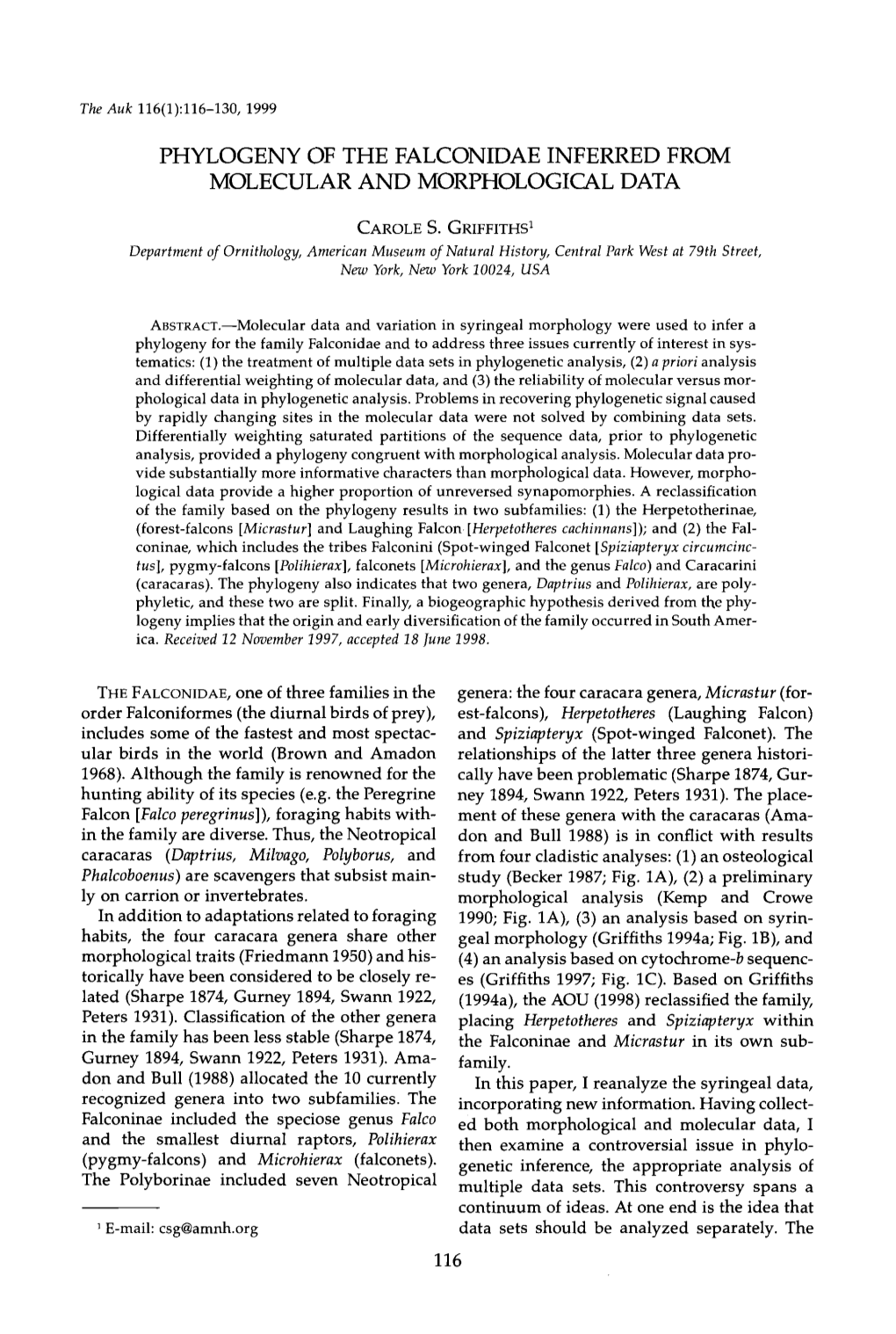 Phylogeny of the Falconidae Inferred from Molecular and Morphological Data