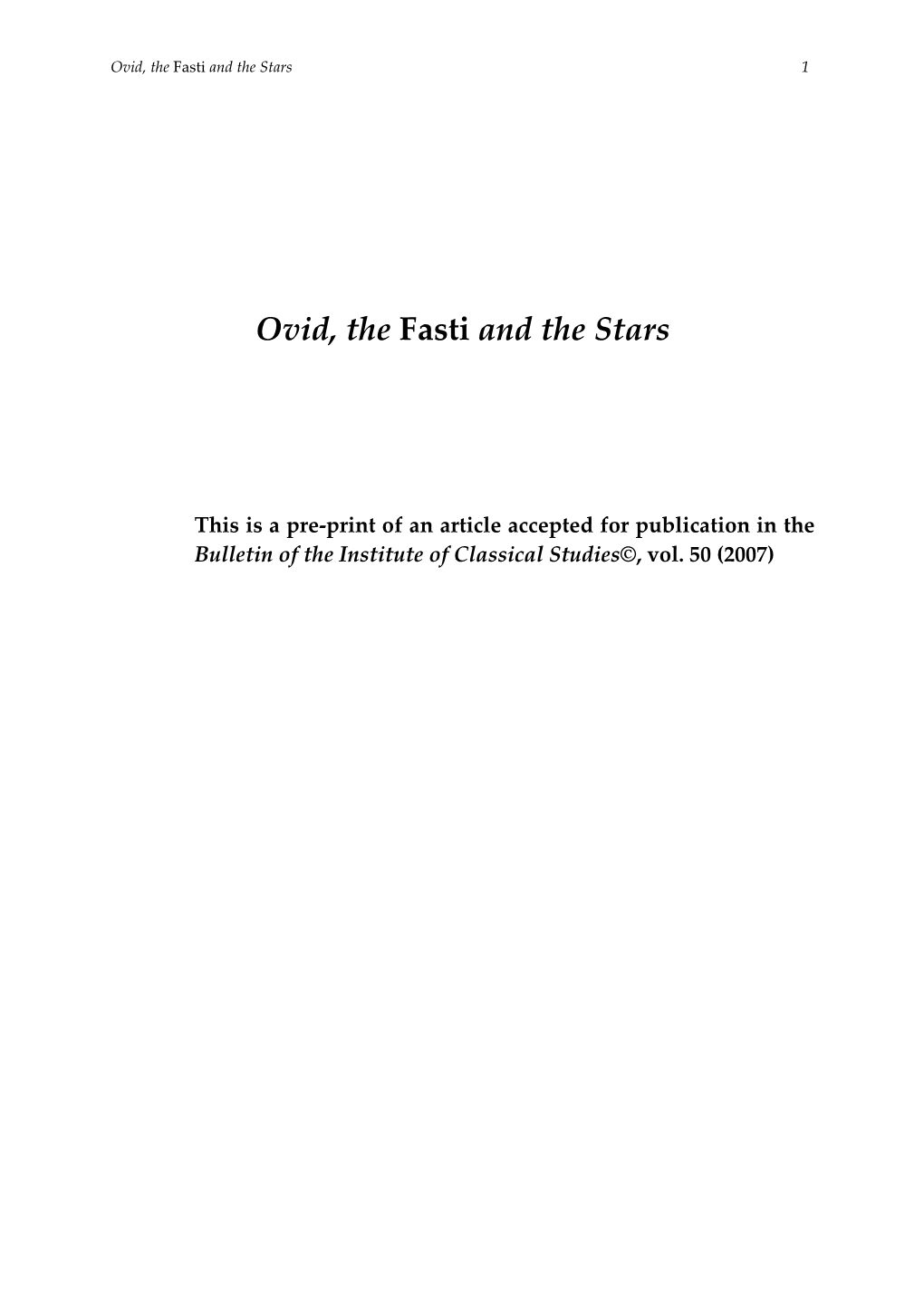 Ovid, the Fasti and the Stars 1