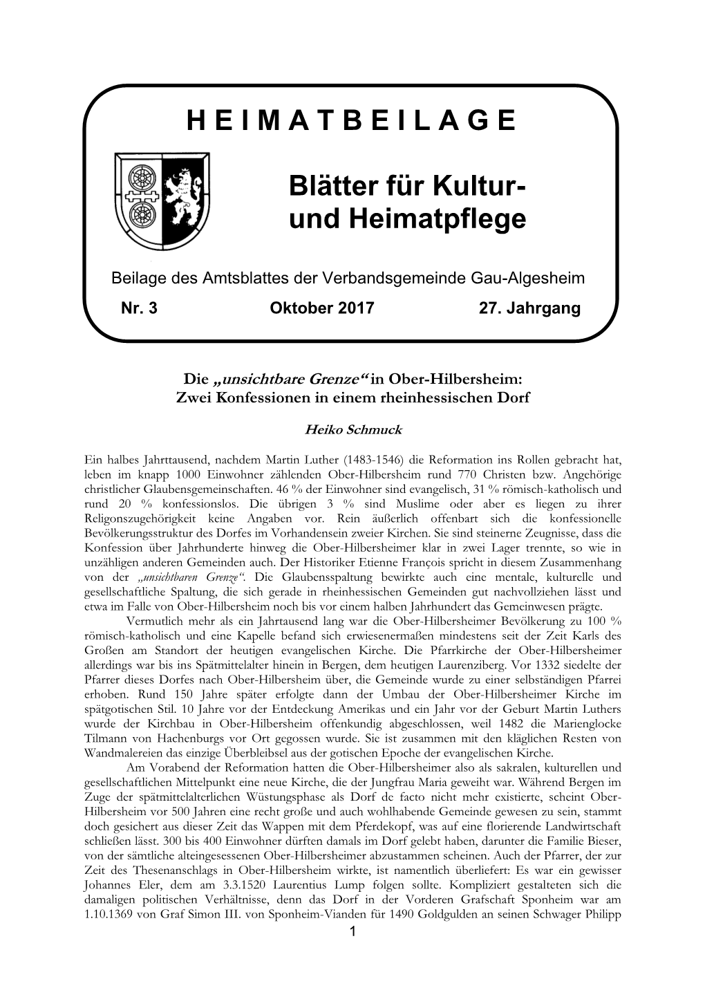 H E I M a T B E I L a G E Blätter Für Kultur- Und Heimatpflege