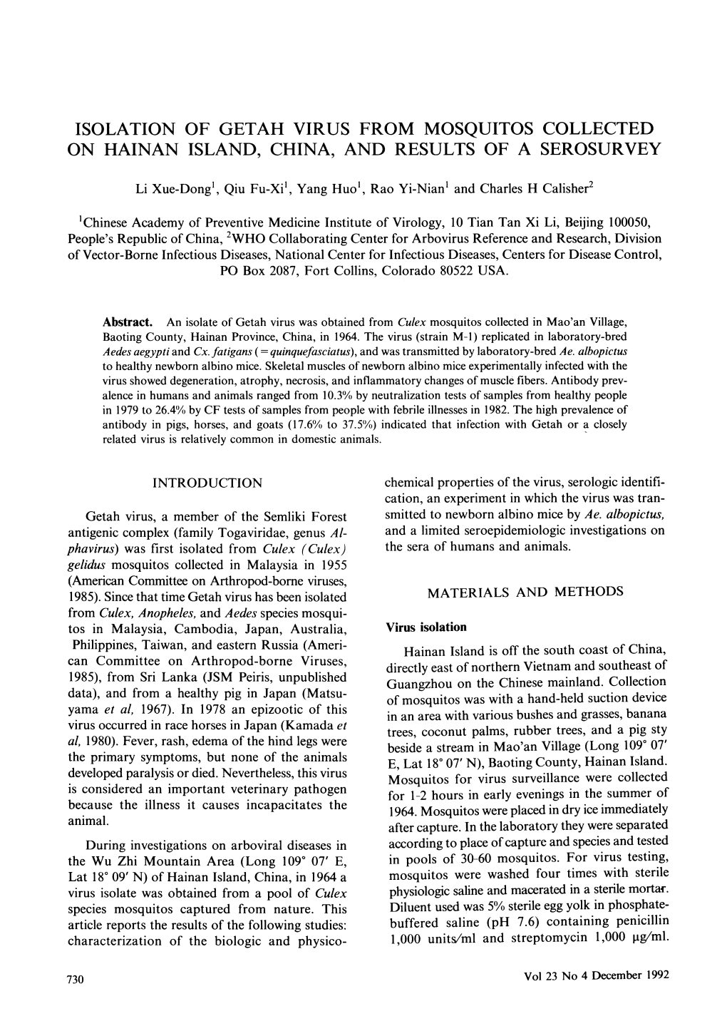 Isolation of Getah Virus from Mosquitos Collected on Hainan Island, China, and Results of a Serosurvey