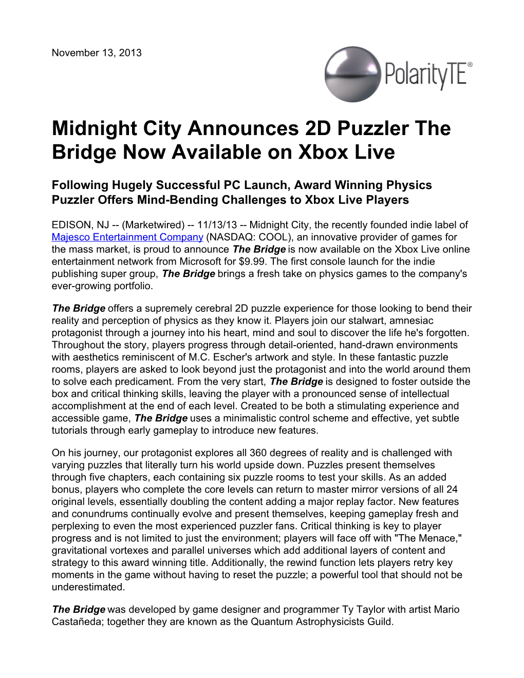 Midnight City Announces 2D Puzzler the Bridge Now Available on Xbox Live