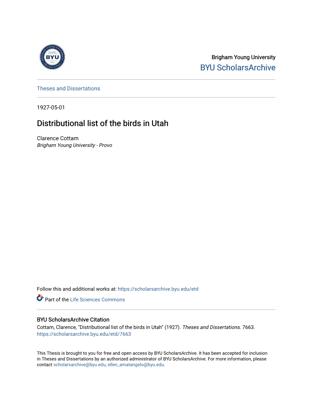 Distributional List of the Birds in Utah