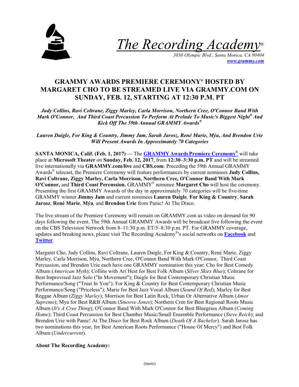 The Recording Academy®'S Social Networks on Facebook and Twitter