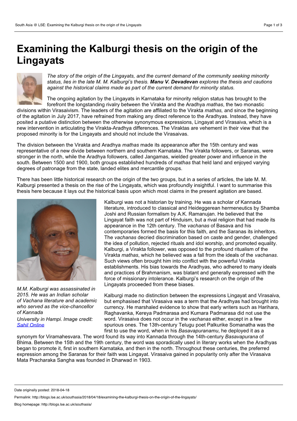 South Asia @ LSE: Examining the Kalburgi Thesis on the Origin of the Lingayats Page 1 of 3