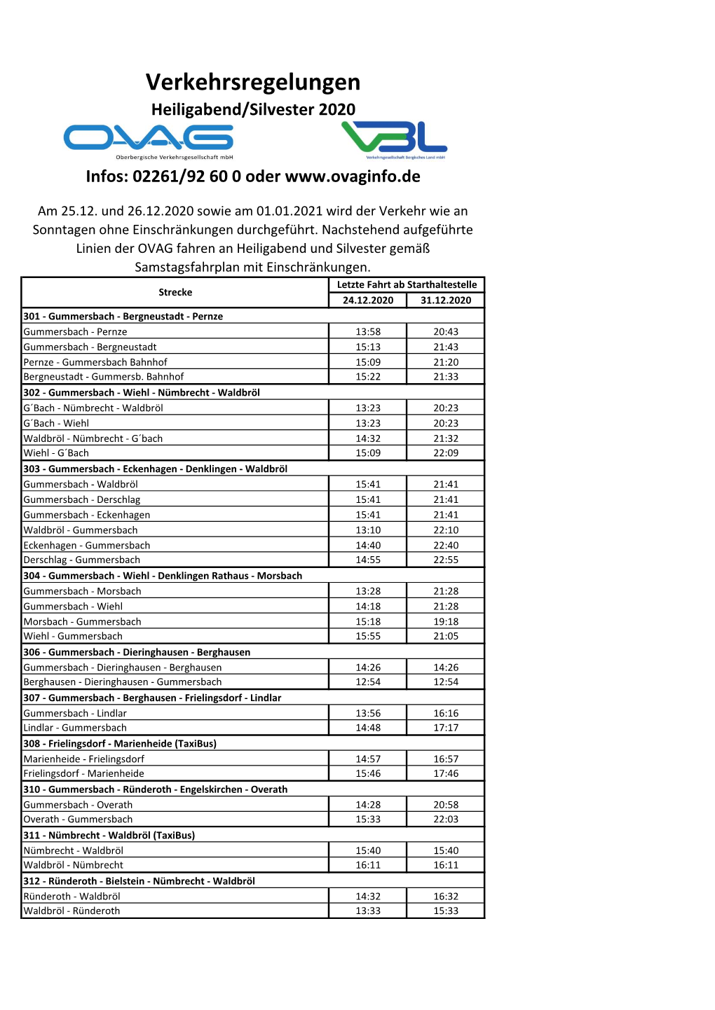 Verkehrsregelungen Heiligabend/Silvester 2020