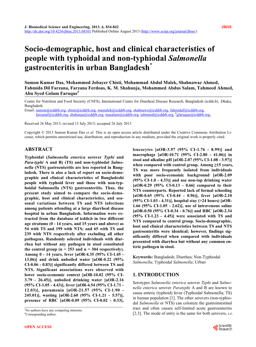 Socio-Demographic, Host and Clinical Characteristics of People with Typhoidal and Non-Typhiodal Salmonella Gastroenteritis in Urban Bangladesh*