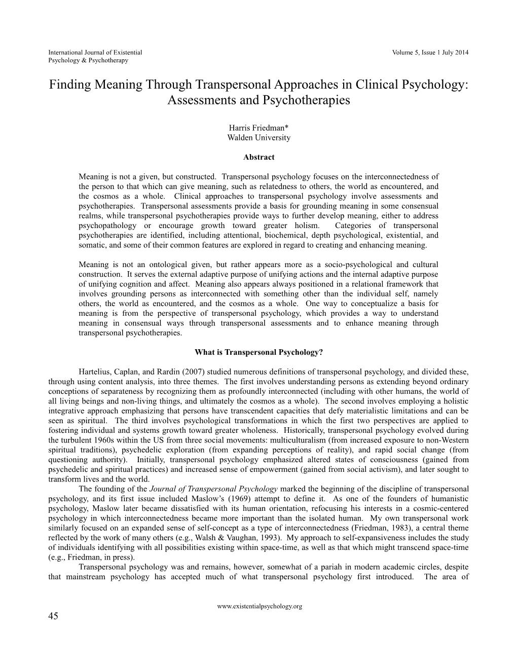 Finding Meaning Through Transpersonal Approaches in Clinical Psychology: Assessments and Psychotherapies