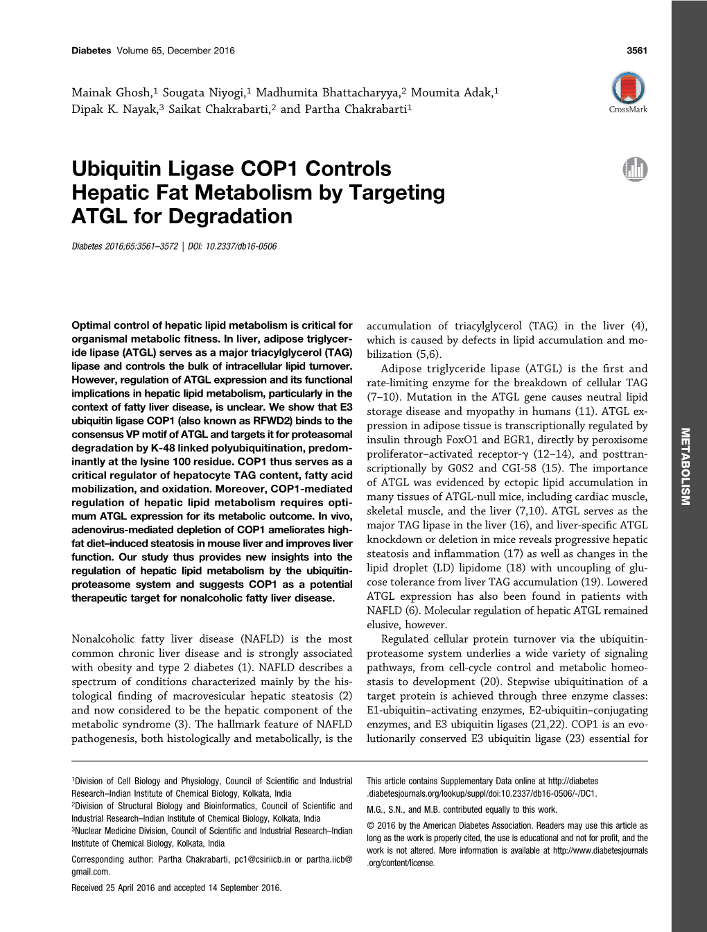 Ubiquitin Ligase COP1 Controls Hepatic Fat Metabolism by Targeting ATGL for Degradation