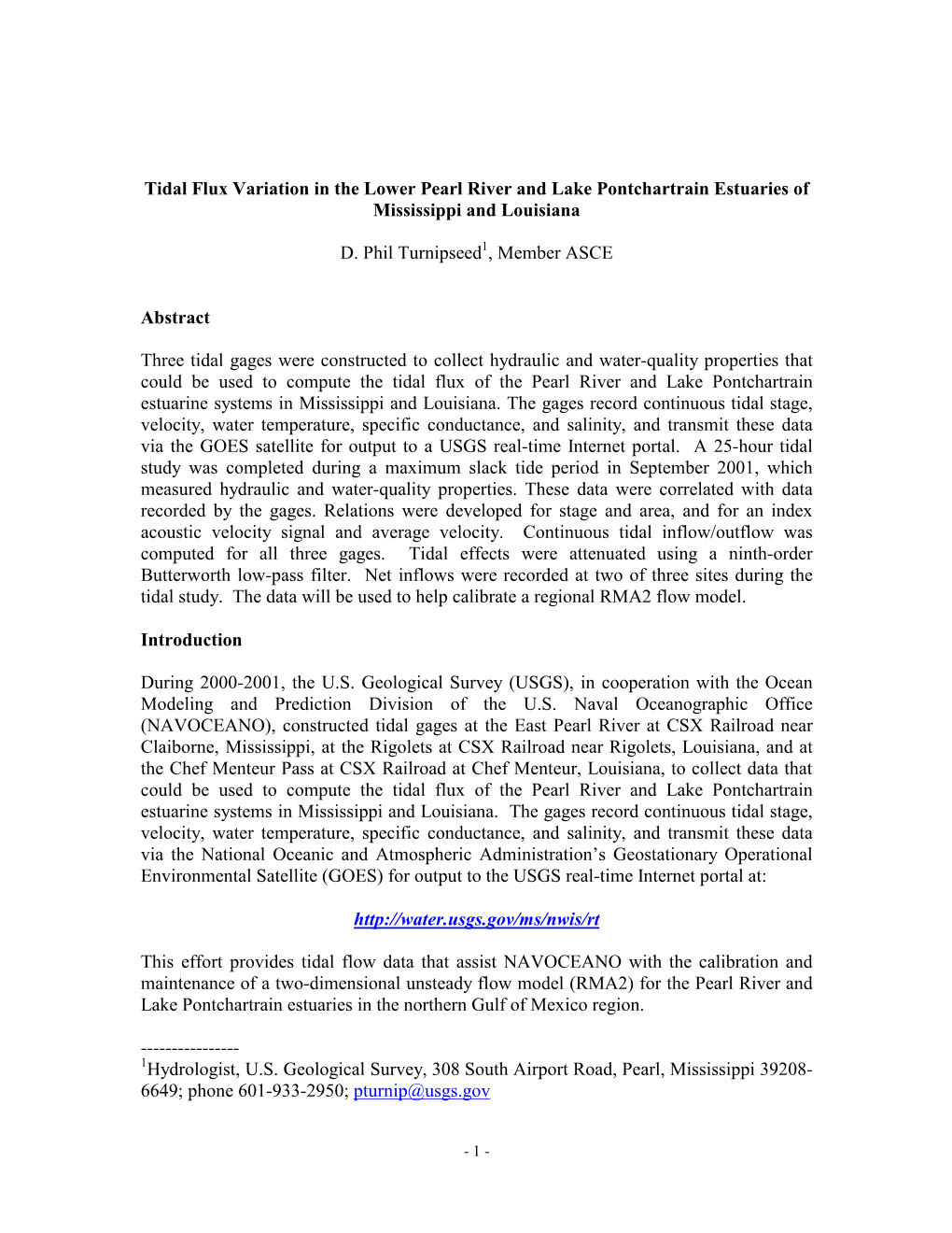 Tidal Flux Variation in the Lower Pearl River and Lake Pontchartrain Estuaries of Mississippi and Louisiana