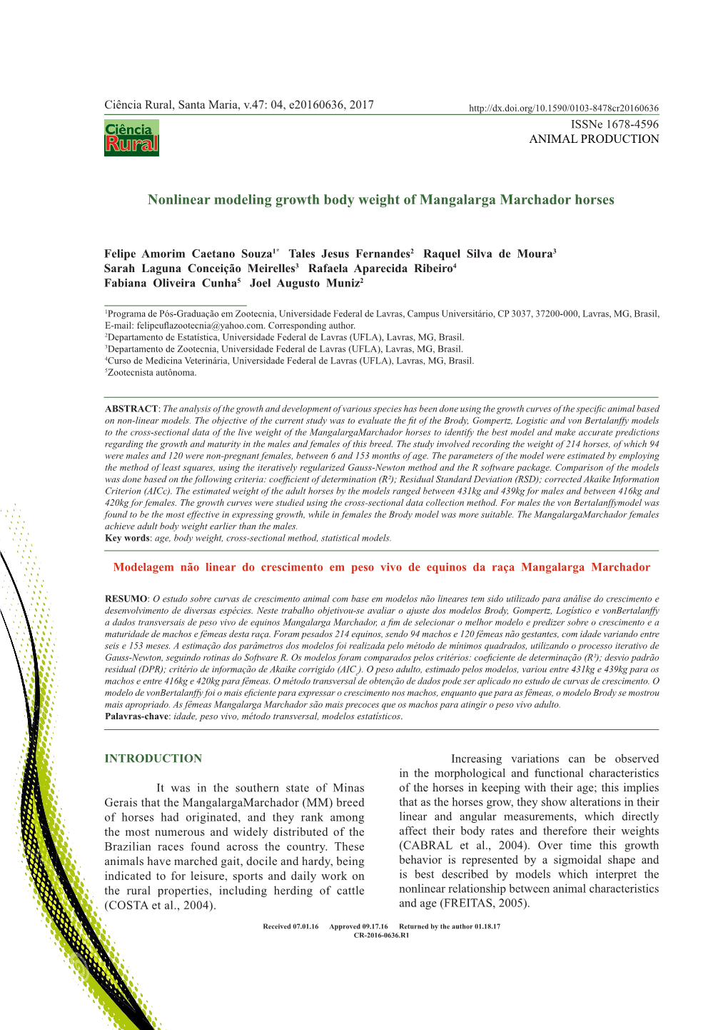 Nonlinear Modeling Growth Body Weight of Mangalarga Marchador Horses