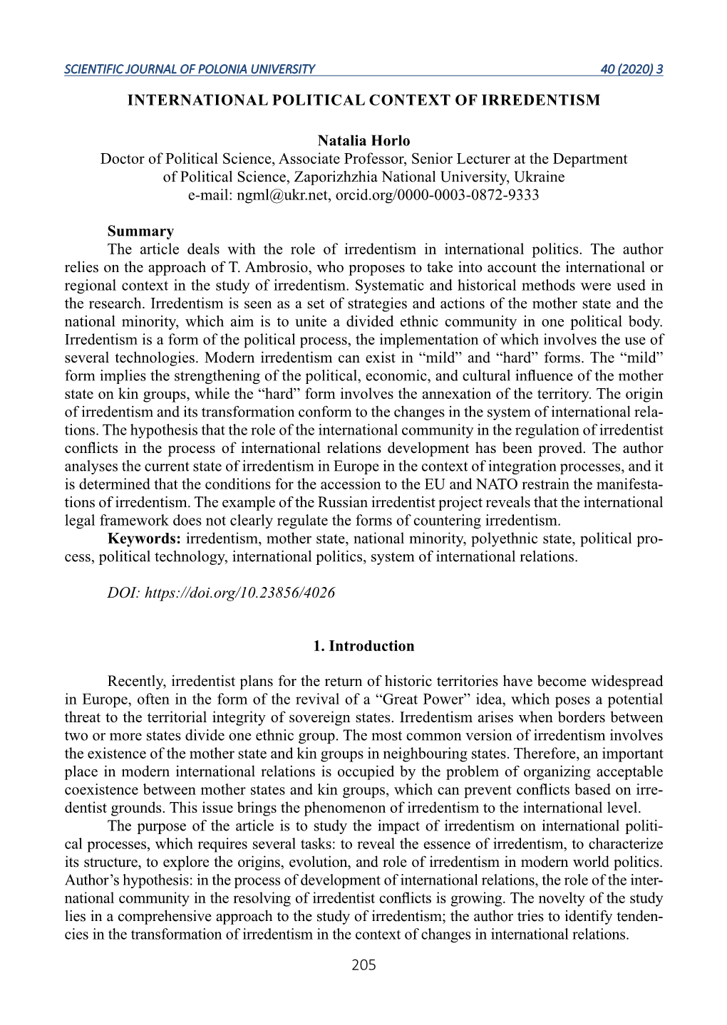 International Political Context of Irredentism