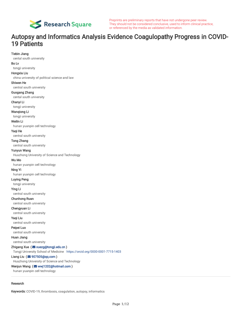 Autopsy and Informatics Analysis Evidence Coagulopathy Progress in COVID- 19 Patients