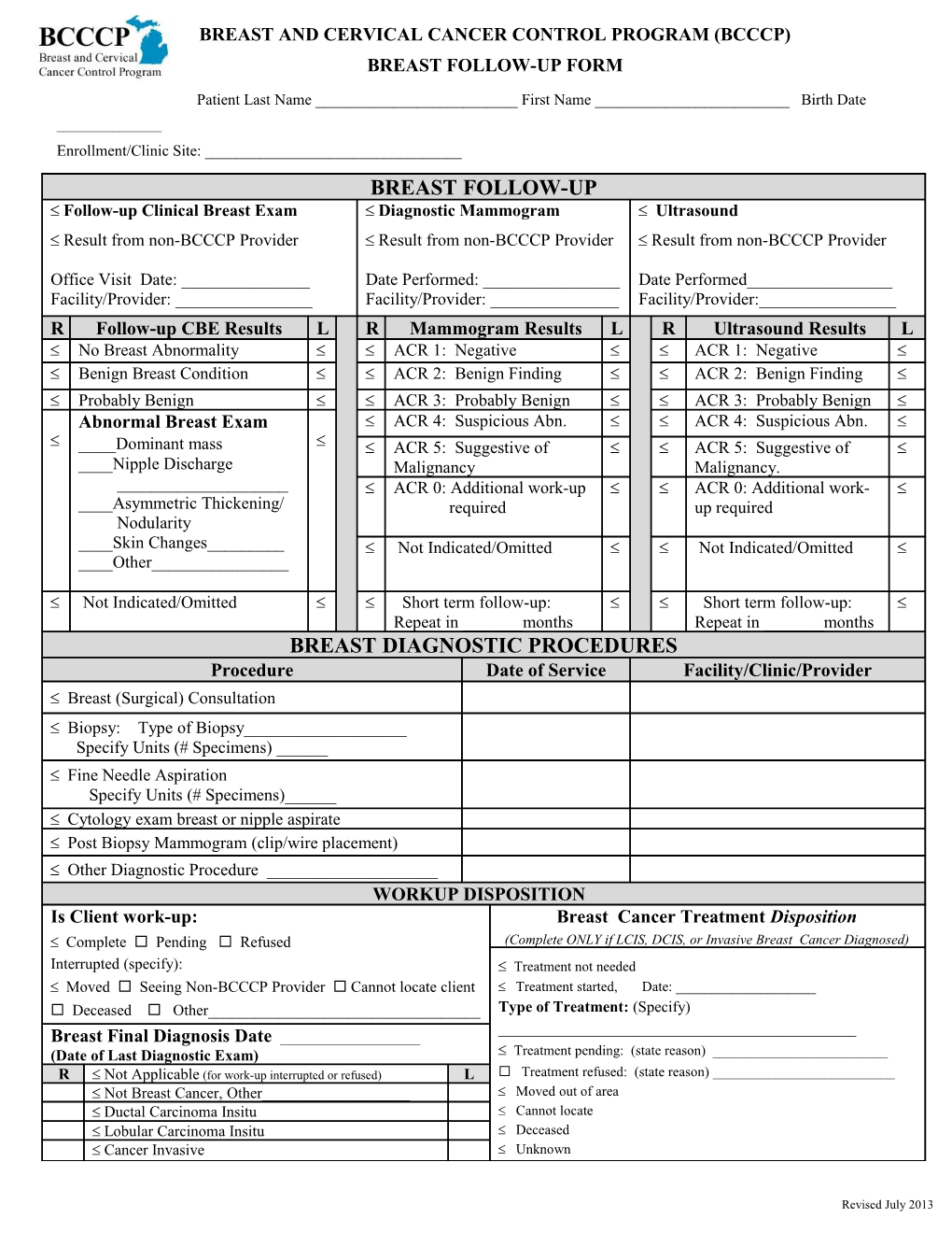 Breast and Cervical Cancer Control Program (Bcccp) Screening Form