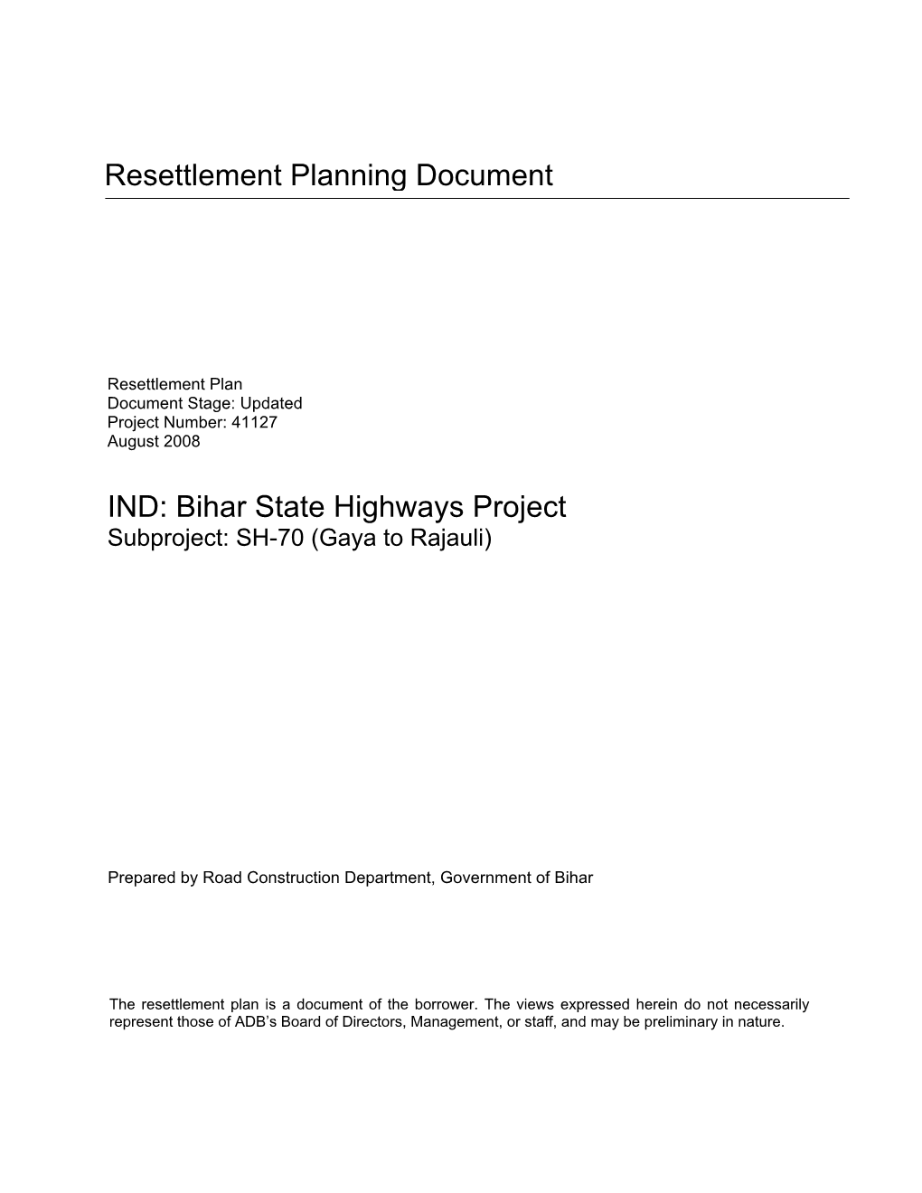 Bihar State Highways Project Subproject: SH-70 (Gaya to Rajauli)