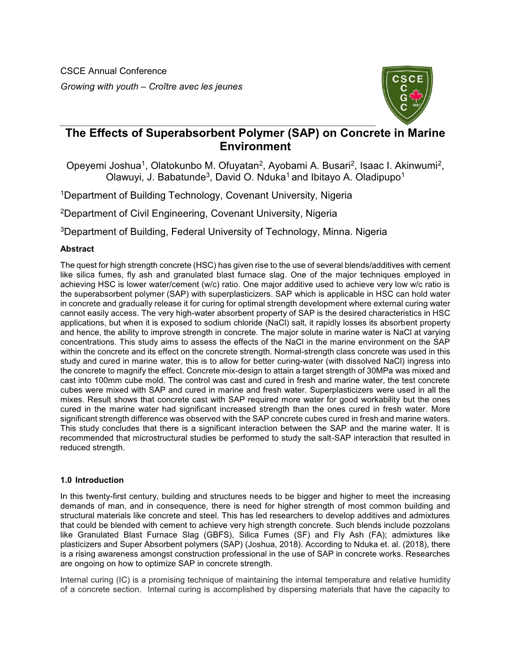 The Effects of Superabsorbent Polymer (SAP) on Concrete in Marine Environment Opeyemi Joshua1, Olatokunbo M