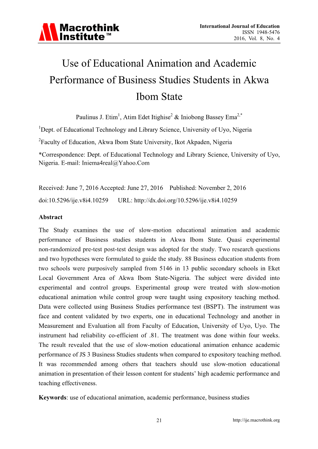 Use of Educational Animation and Academic Performance of Business Studies Students in Akwa Ibom State