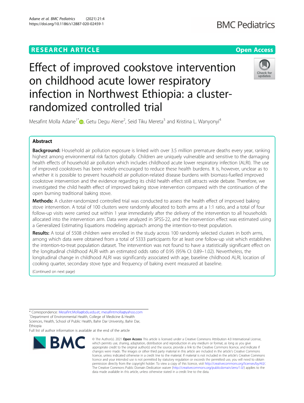 Effect of Improved Cookstove Intervention on Childhood Acute Lower Respiratory Infection in Northwest Ethiopia