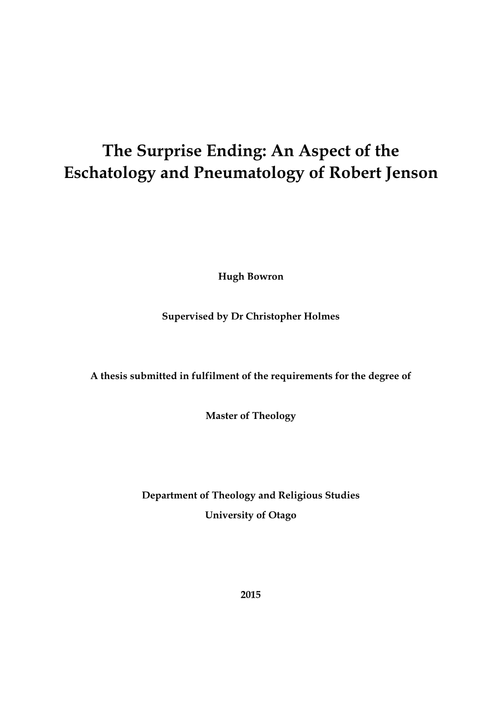 An Aspect of the Eschatology and Pneumatology of Robert Jenson