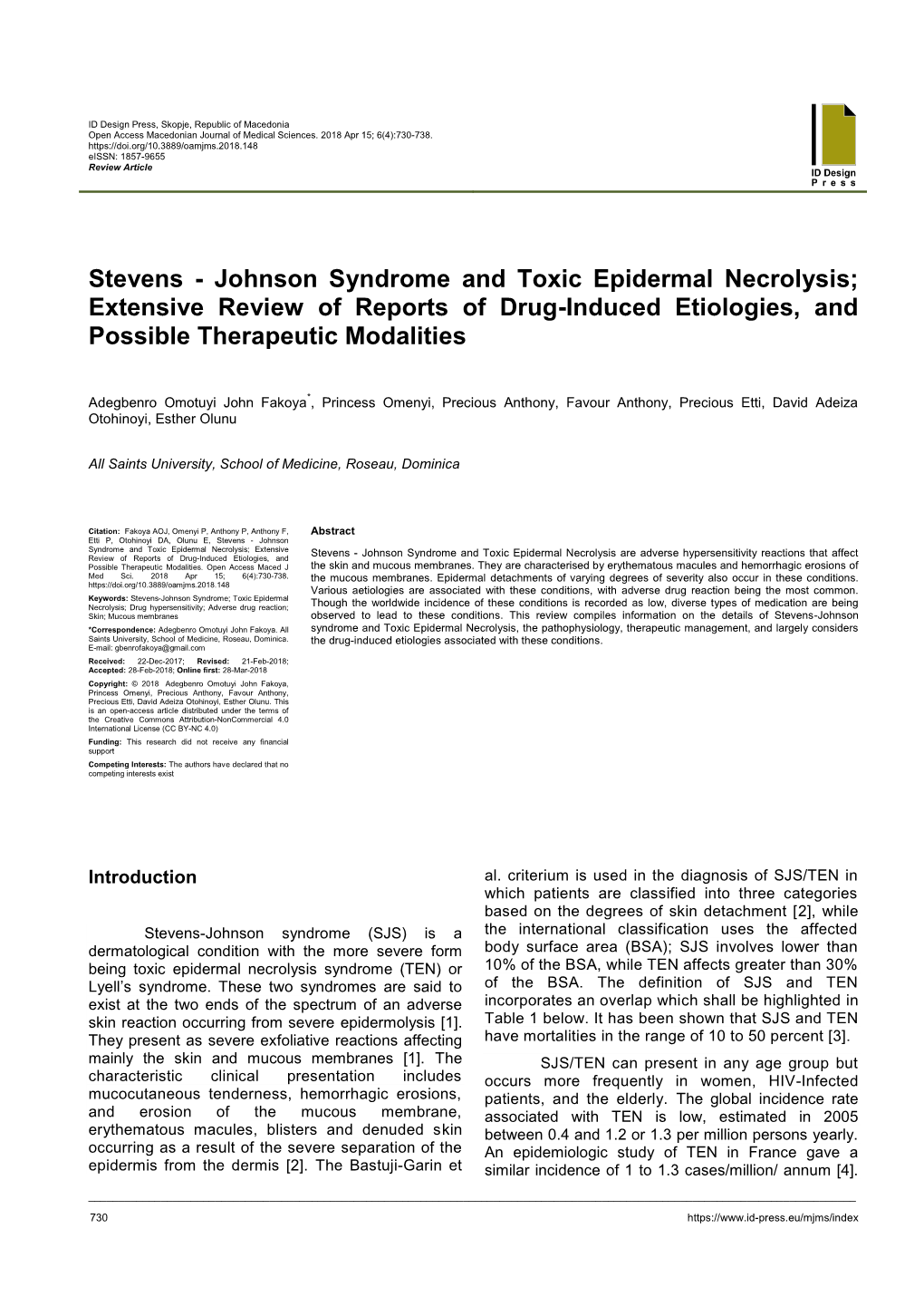 Stevens-Johnson Syndrome and Toxic Epidermal Necrolysis ______However, As the Years’ Advance, the Numbers of [11]