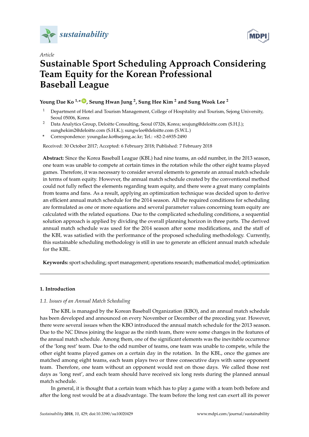 Sustainable Sport Scheduling Approach Considering Team Equity for the Korean Professional Baseball League